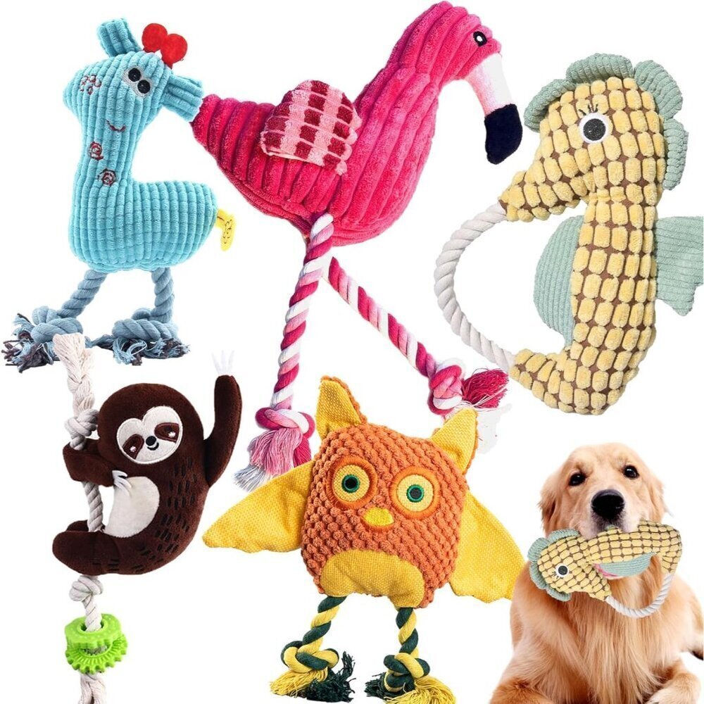 5 Pack Plush Dog Toys with Rope, Squeaky Dog Toys, Tug of War Dog Interactive To